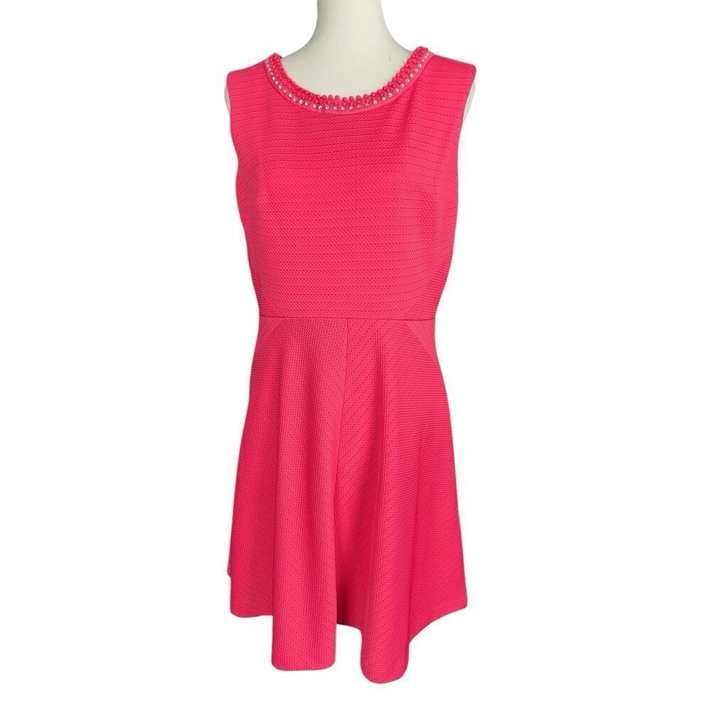 Covington Coral Pink Dress Women Size 12 Fit and Flare Beaded Office Wear Party - Picture 9 of 13